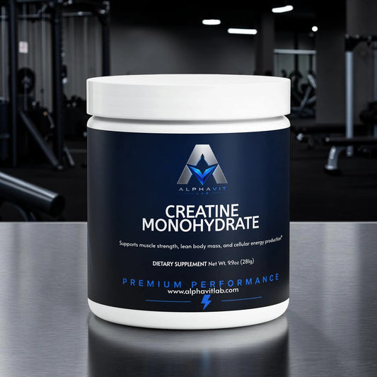 Pot de poudre de créatine monohydrate AlphaVIT Lab, supplément alimentaire non aromatisé pour la performance sportive.