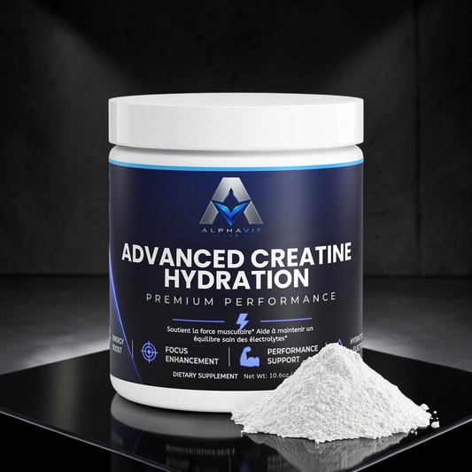 Pot de supplément AlphaVIT Advanced Creatine Hydration avec poudre blanche sur fond blanc