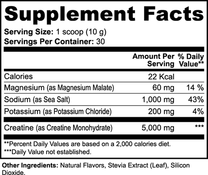 Tableau des faits nutritionnels AlphaVIT pour le supplément de créatine avec électrolytes, magnésium, sodium et potassium.
