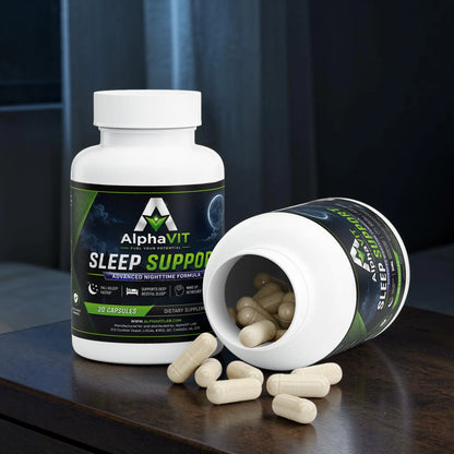 Flacon de suppléments AlphaVIT Sleep Support avec gélules beiges sur fond blanc pour un sommeil réparateur