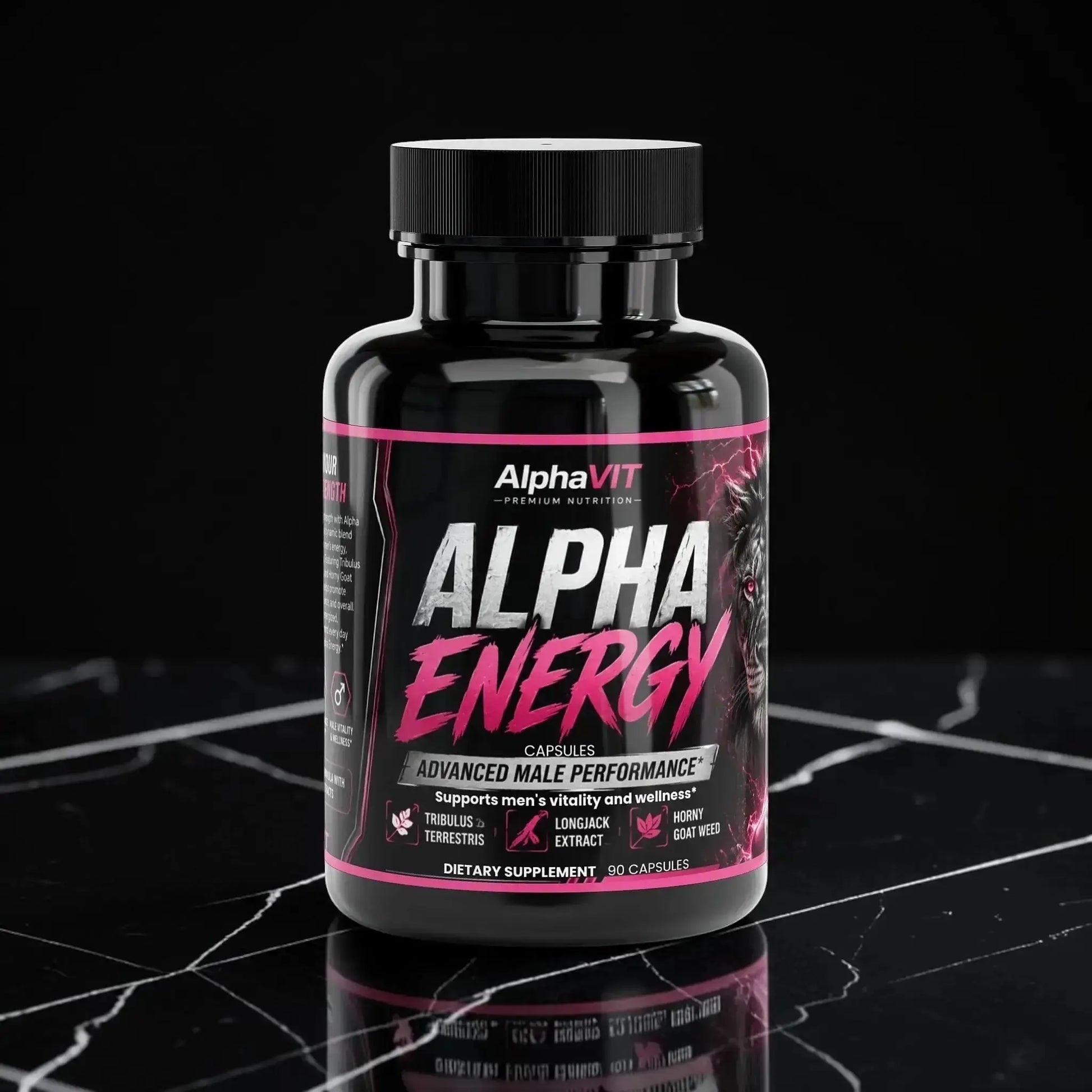 Flacon de suppléments AlphaVIT Alpha Energy pour hommes, avec ingrédients naturels sur fond de marbre noir.