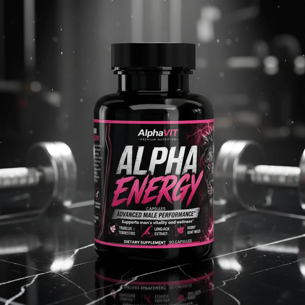 Flacon de suppléments AlphaVIT Alpha Energy pour hommes, avec ingrédients naturels sur fond de marbre noir.