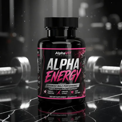 Flacon de suppléments AlphaVIT Alpha Energy pour hommes, avec ingrédients naturels sur fond de marbre noir.