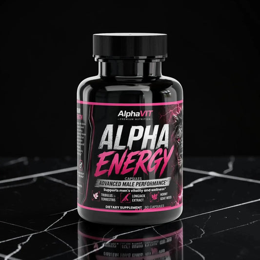 Flacon de suppléments AlphaVIT Alpha Energy pour hommes, avec ingrédients naturels sur fond de marbre noir.