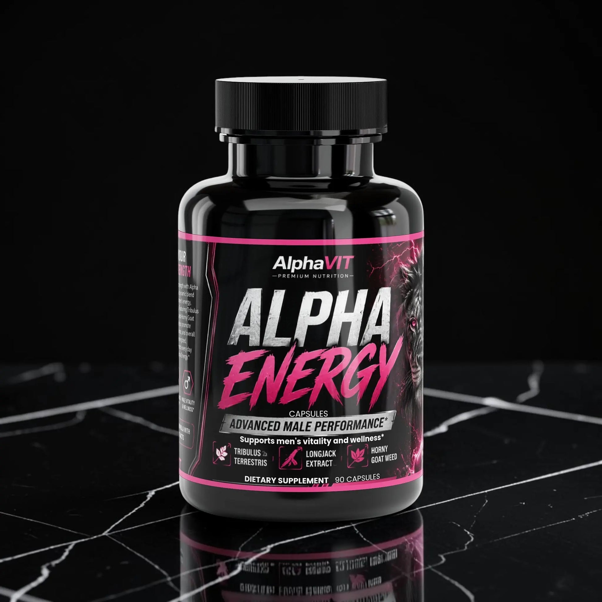 Flacon de supplément AlphaVIT Alpha Energy avec étiquette noire et rose illustrant un lion pour la performance masculine.