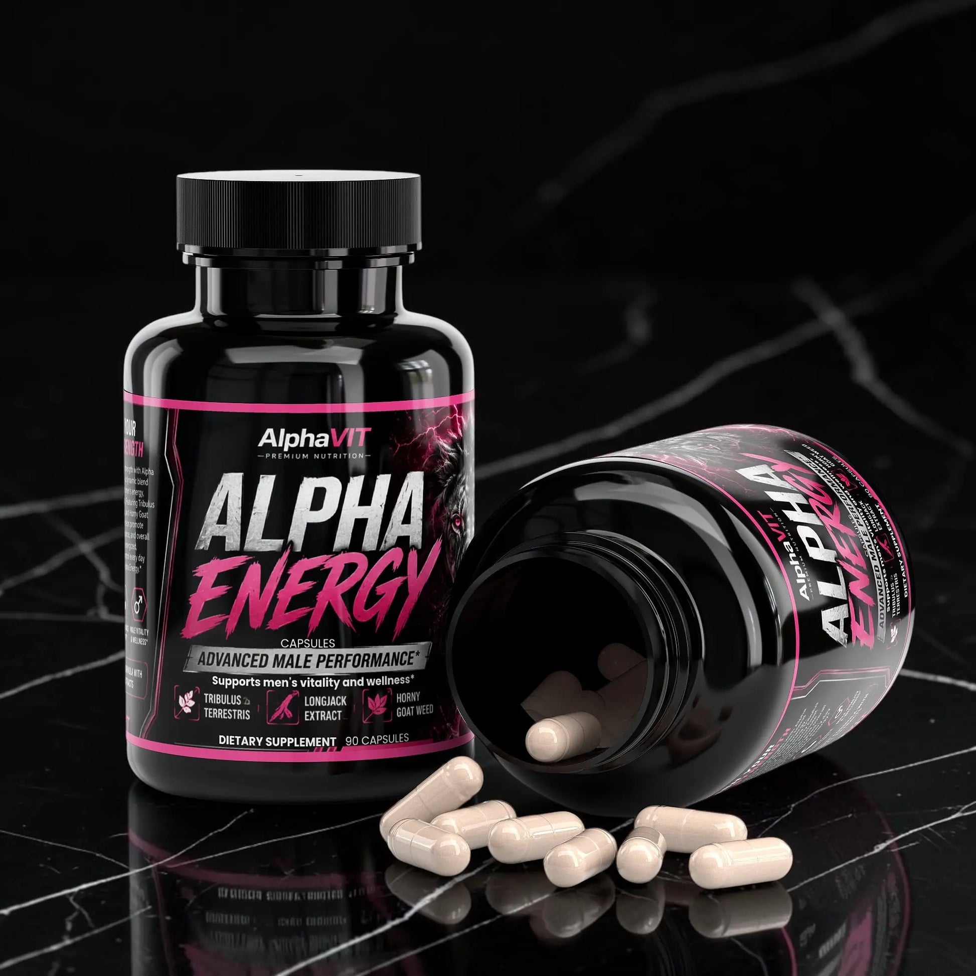 Flacons de supplément AlphaVIT Alpha Energy avec capsules beiges sur fond blanc