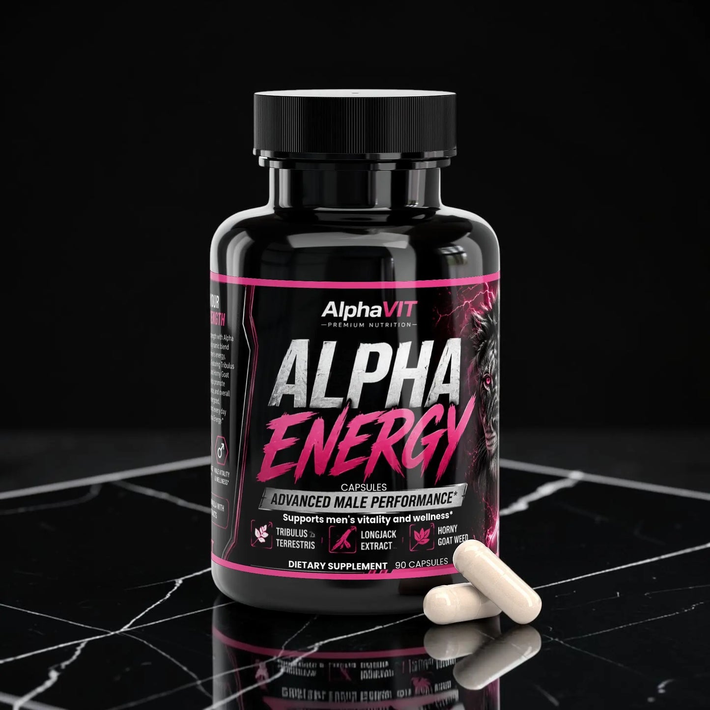 Flacon de supplément AlphaVIT Alpha Energy pour hommes avec capsules sur fond blanc