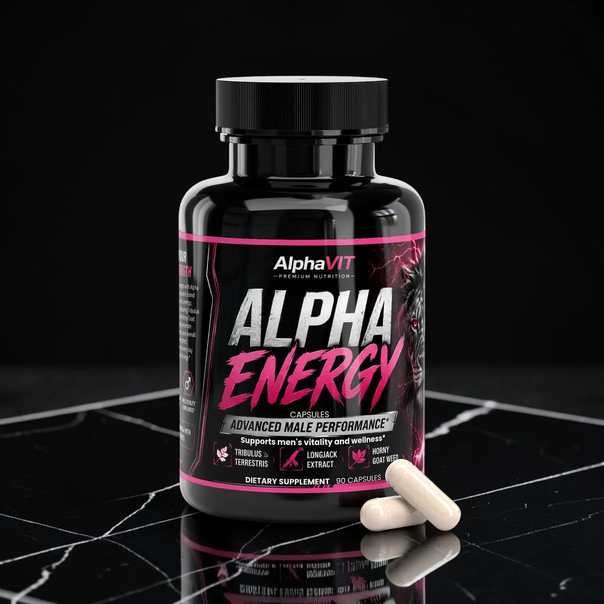 Flacon de supplément AlphaVIT Alpha Energy pour hommes avec capsules sur fond blanc