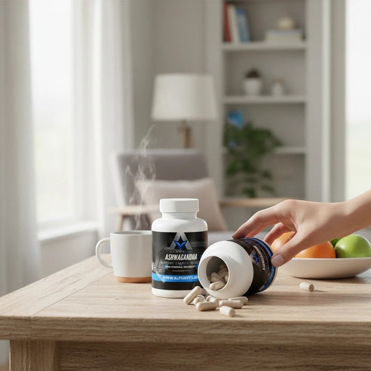 Flacon de complément alimentaire AlphaVIT Ashwagandha Plus avec gélules sur une table en bois dans une cuisine lumineuse