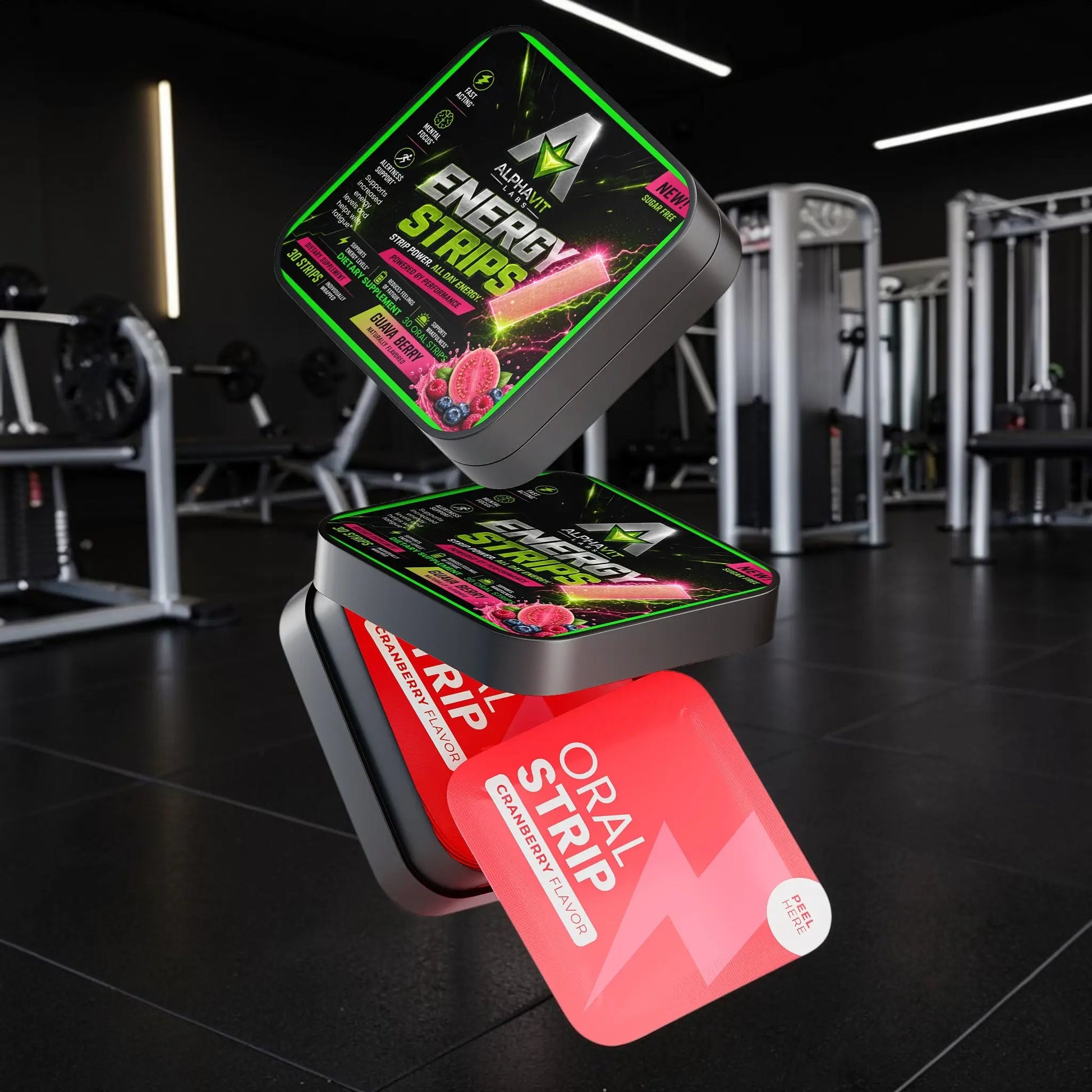 Bandes énergisantes orales AlphaVIT saveur canneberge et goyave, emballages individuels sans sucre pour une énergie rapide.