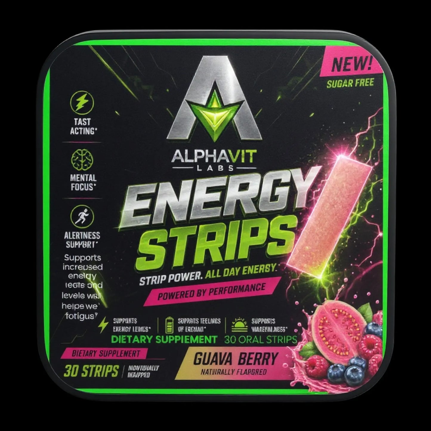 Contenant AlphaVIT de 30 bandes énergisantes orales saveur goyave et baies, sans sucre pour une énergie rapide.