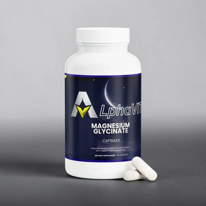 Flacon de suppléments AlphaVIT Magnesium Glycinate avec gélules sur fond blanc, favorisant la relaxation et le sommeil.