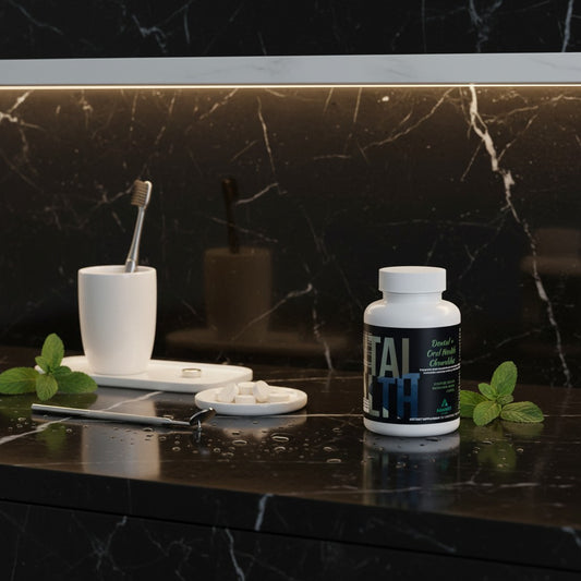 Flacon de compléments alimentaires AlphaVIT Dental + Oral Health Chewables sur un comptoir en marbre noir avec menthe