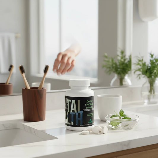 Flacon de compléments alimentaires AlphaVIT Dental + Oral Health Chewables sur un comptoir de salle de bain moderne.