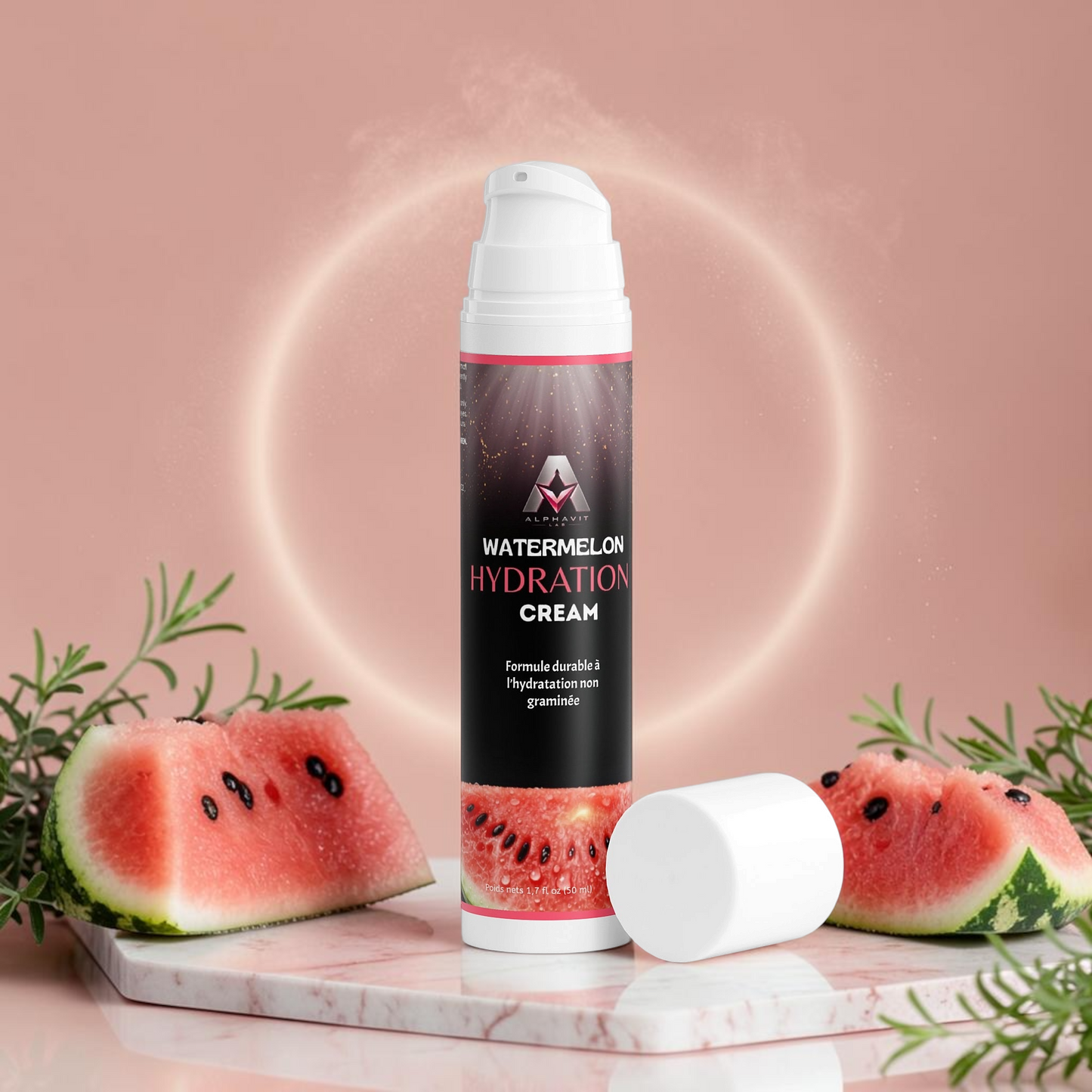Crème hydratante AlphaVIT à la pastèque dans un flacon pompe blanc avec étiquette noire et motif de pastèque fraîche.