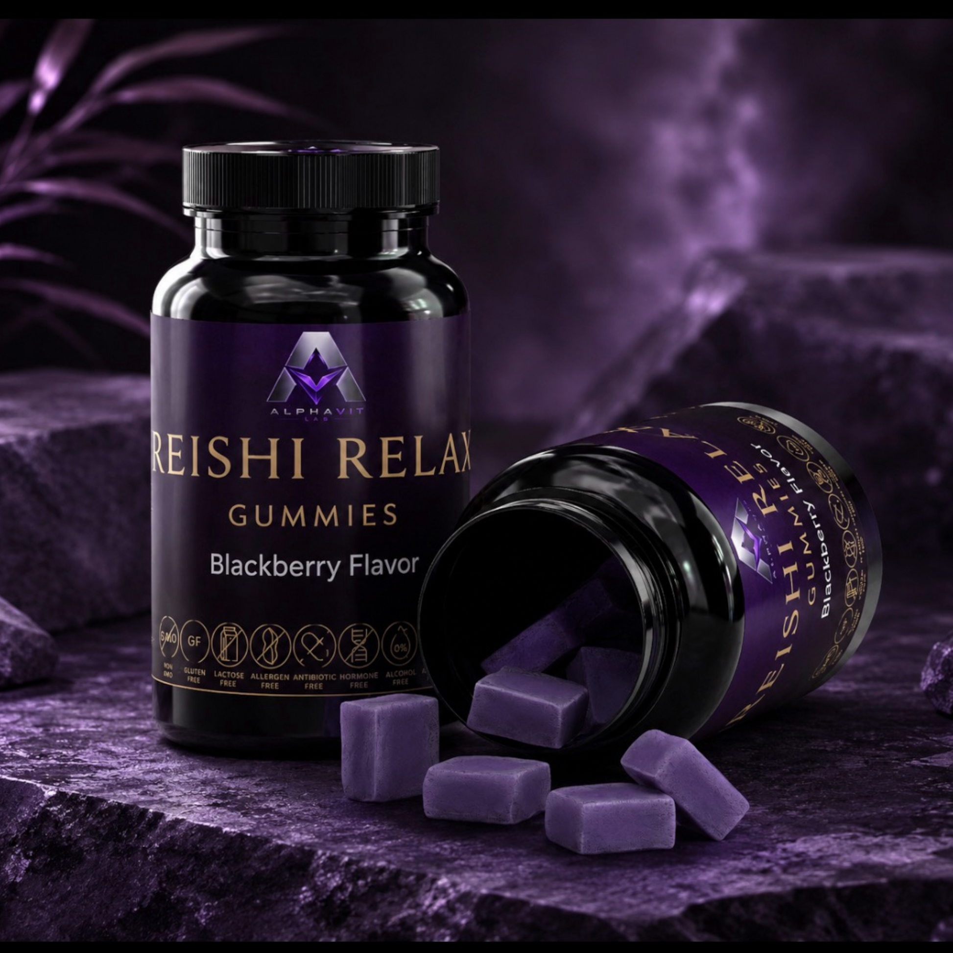 Flacon de gommes relaxantes AlphaVIT au Reishi et goût mûre avec trois gommes violettes disposées devant le contenant.