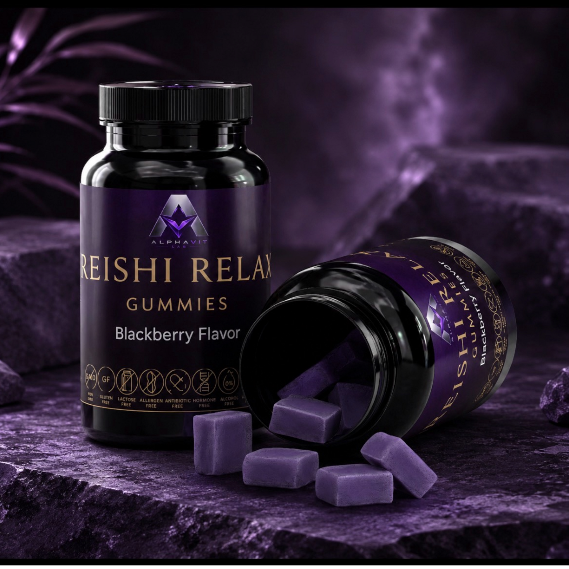 Flacon de gommes relaxantes AlphaVIT au Reishi, goût mûre, formule végétalienne sans gluten et sans lactose.