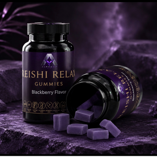 Flacon de gommes relaxantes AlphaVIT au Reishi, goût mûre, formule végétalienne sans gluten et sans lactose.
