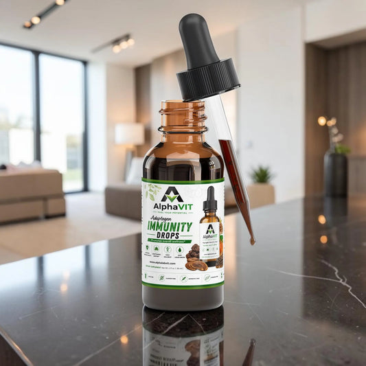 Flacon compte-gouttes AlphaVIT Adaptogen Immunity Drops avec extrait de champignons pour le soutien immunitaire