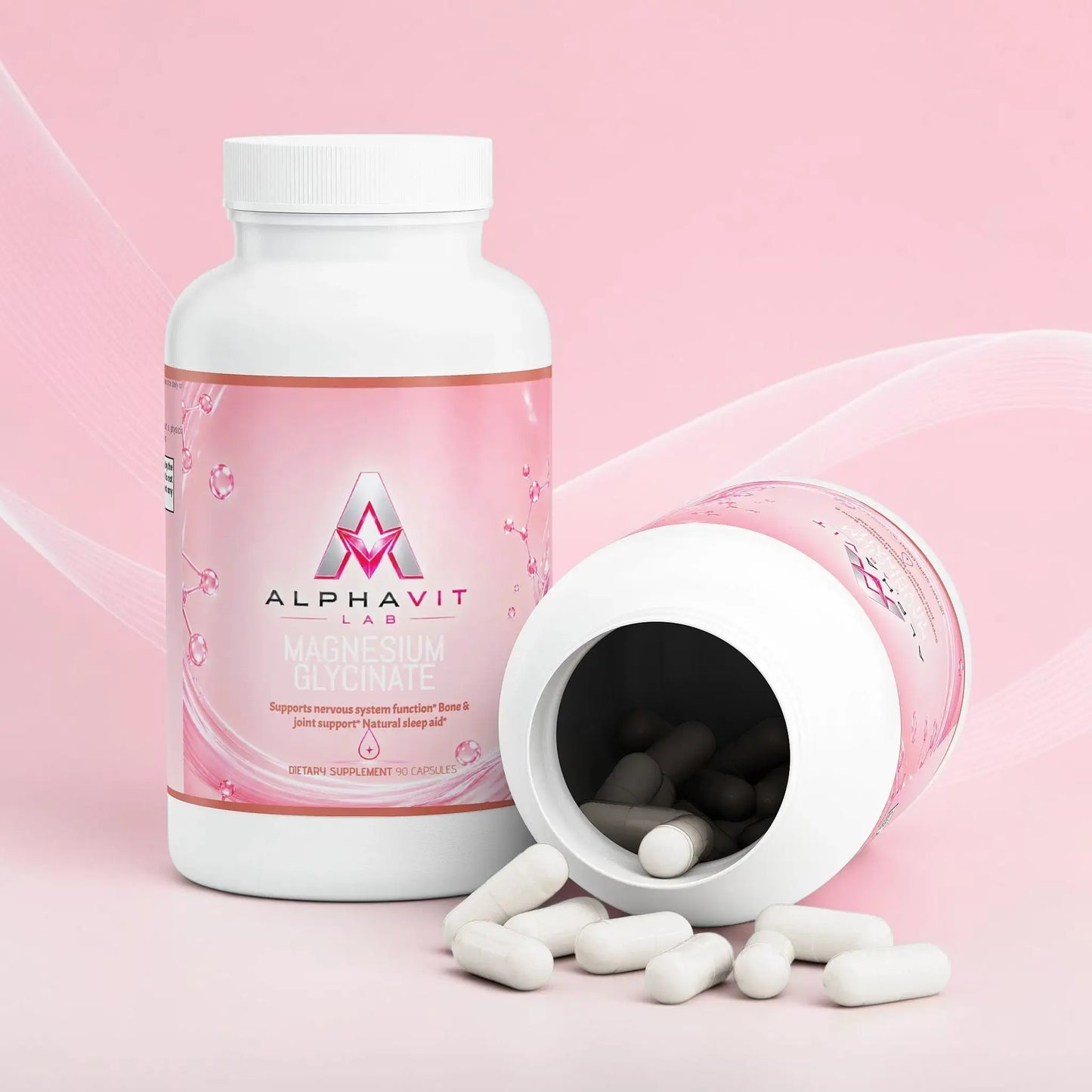 Flacon de supplément AlphaVIT Magnésium Glycinate avec capsules blanches sur fond blanc