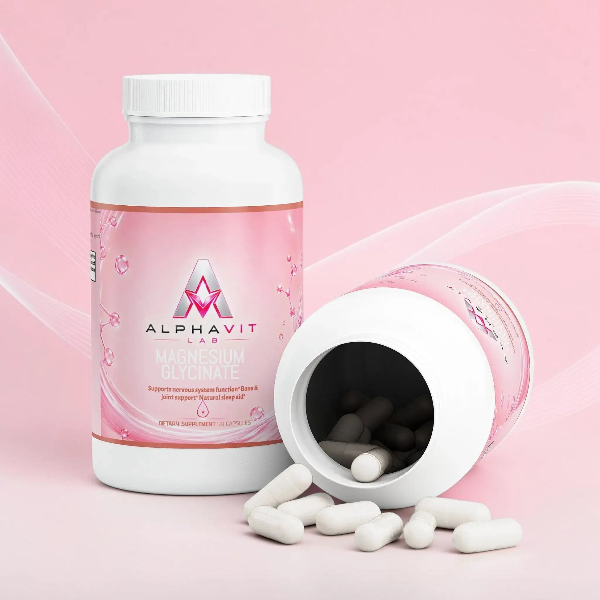 Flacon de supplément AlphaVIT Magnésium Glycinate avec capsules blanches sur fond blanc