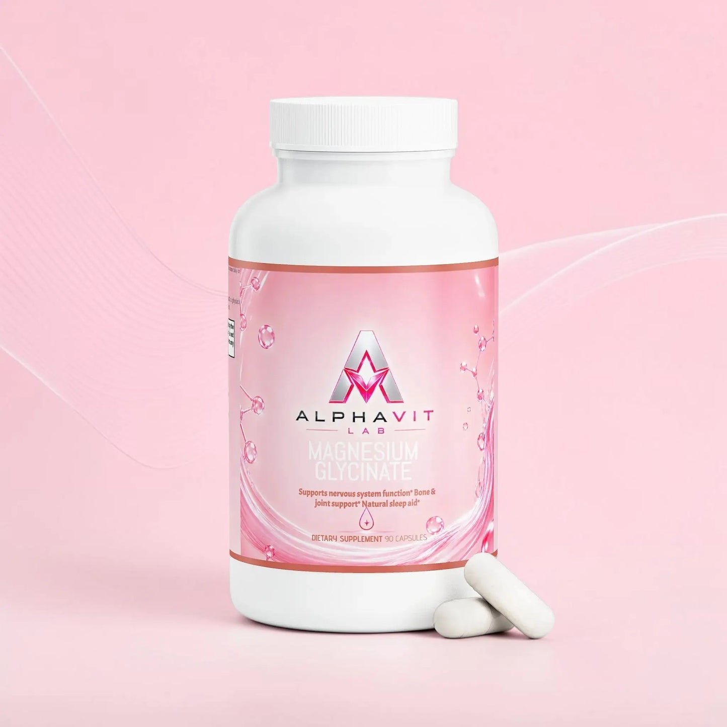 Flacon de supplément AlphaVIT Magnésium Glycinate avec étiquette rose et deux capsules blanches sur fond blanc
