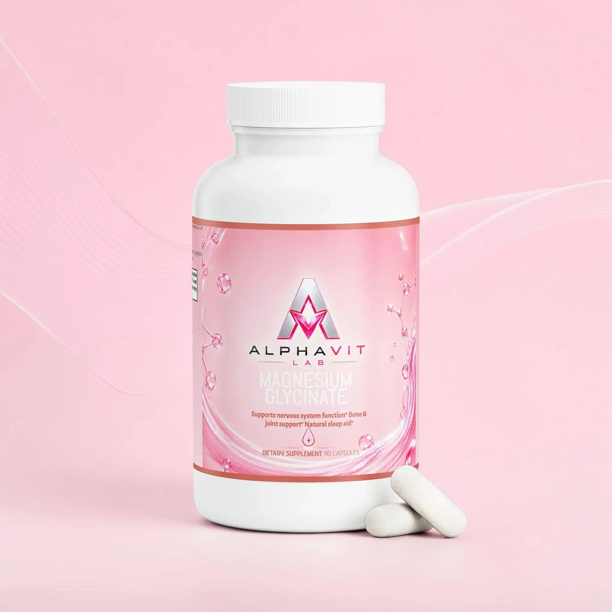 Flacon de supplément AlphaVIT Magnésium Glycinate avec étiquette rose et deux capsules blanches sur fond blanc