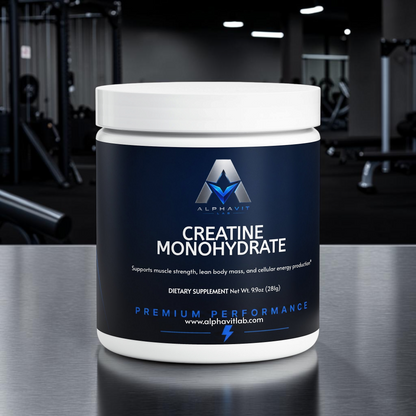 Pot de poudre de créatine monohydrate AlphaVIT Lab, supplément alimentaire non aromatisé pour la performance sportive.