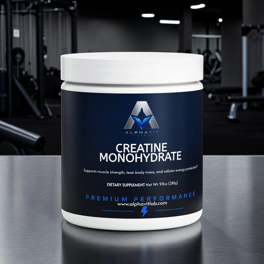 Pot de poudre de créatine monohydrate AlphaVIT Lab, supplément alimentaire non aromatisé pour la performance sportive.