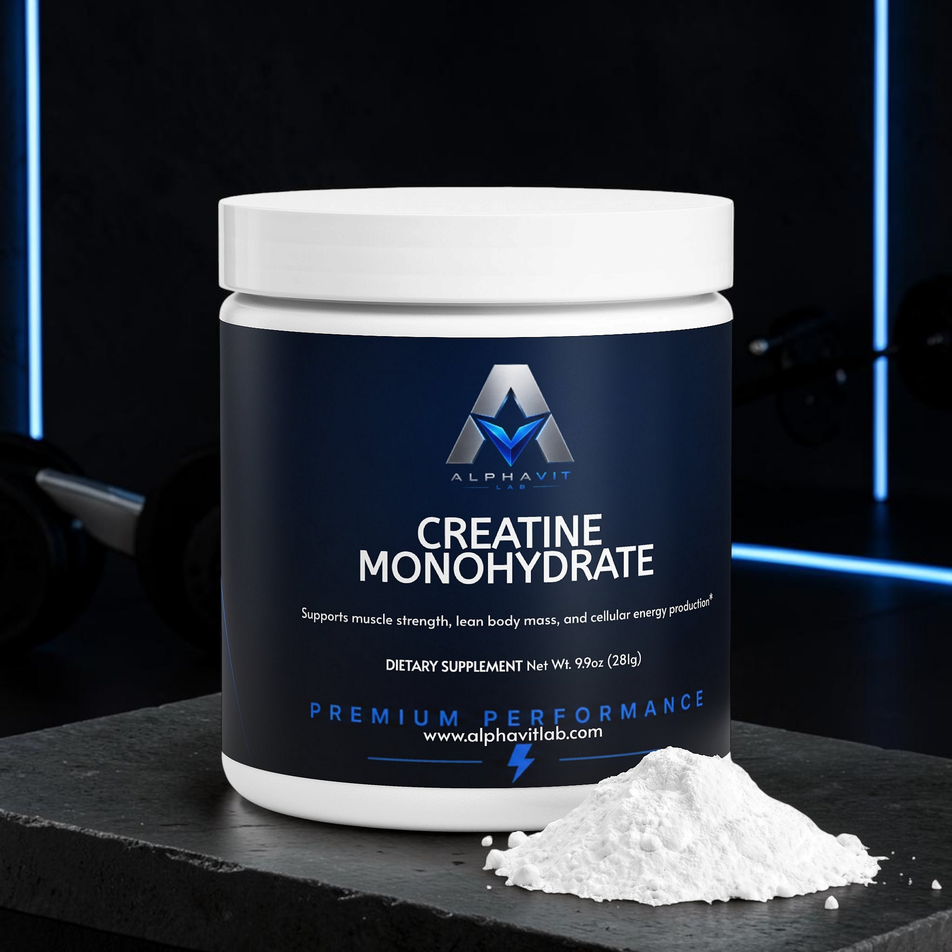 Pot de poudre de créatine monohydrate AlphaVIT Lab non aromatisée pour la performance musculaire et l'énergie