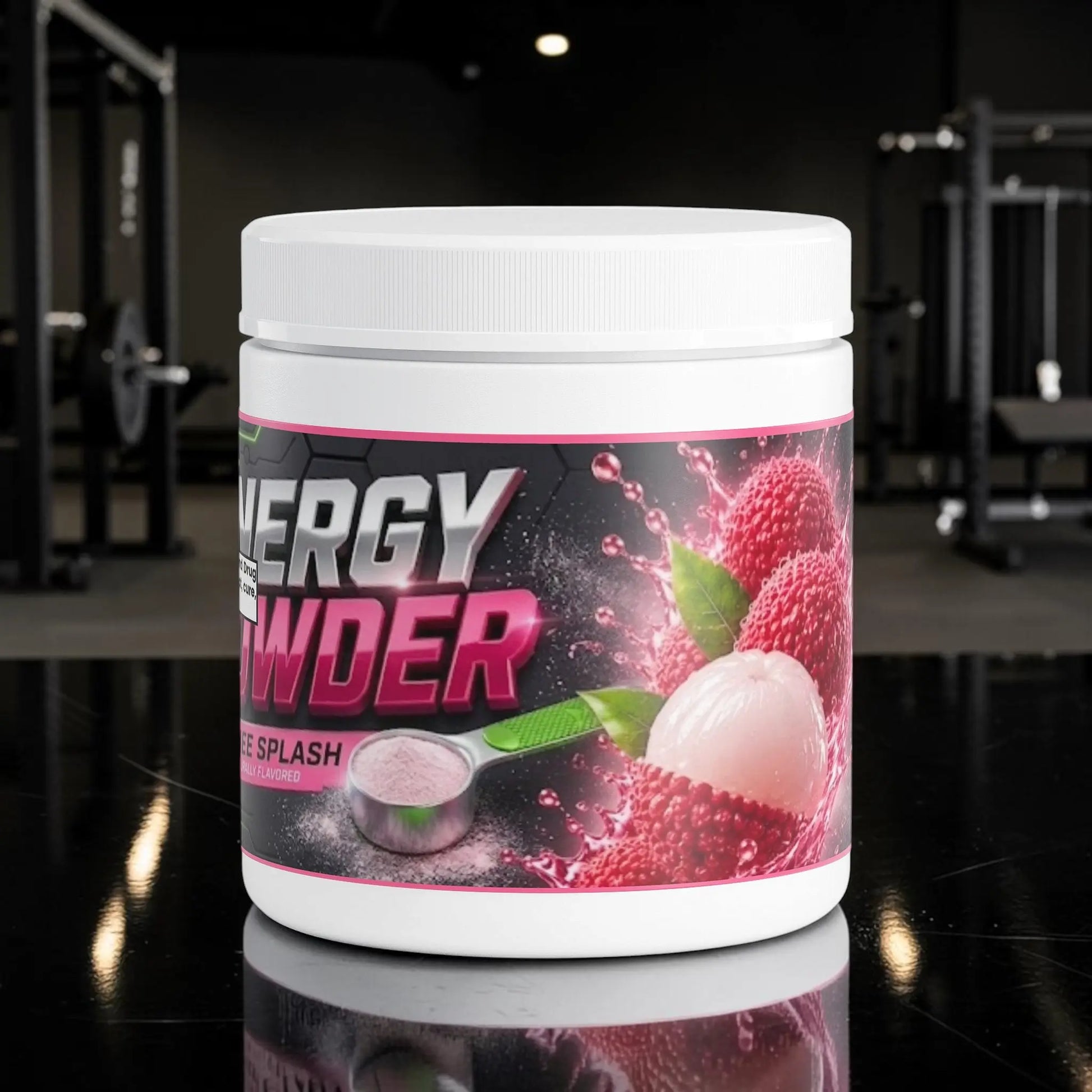 Pot de poudre énergisante AlphaVIT saveur Lychee Splash avec étiquette noire et rose, incluant une mesurette.