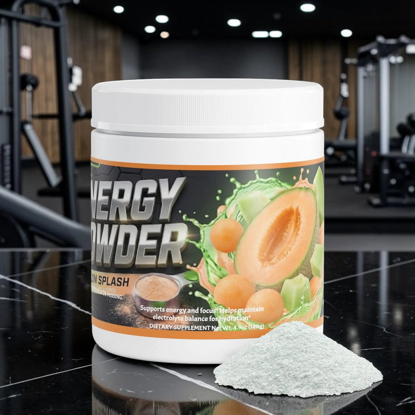 Pot de poudre énergisante AlphaVIT au melon, supplément pour la performance avec électrolytes et caféine naturelle.