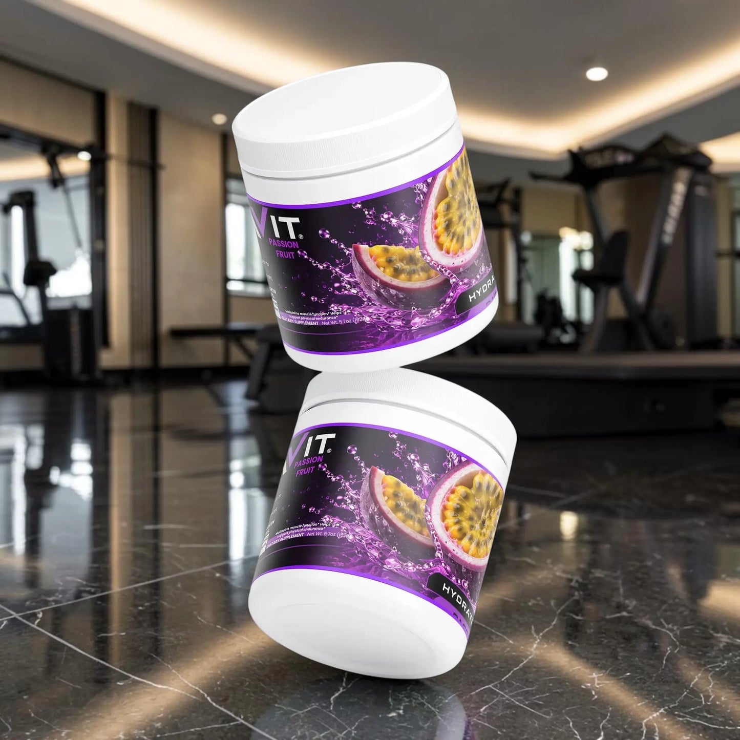 Deux pots de poudre d'hydratation AlphaVIT saveur fruit de la passion avec électrolytes et vitamines B