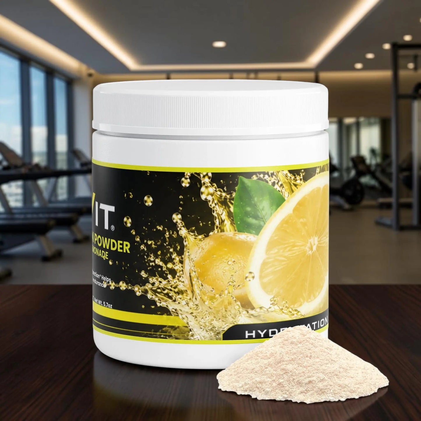 Pot de poudre d'hydratation AlphaVIT saveur limonade avec illustration de citron et éclaboussures d'eau