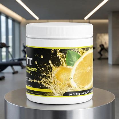 Pot de poudre d'hydratation AlphaVIT saveur limonade avec illustration de citron et éclaboussures d'eau