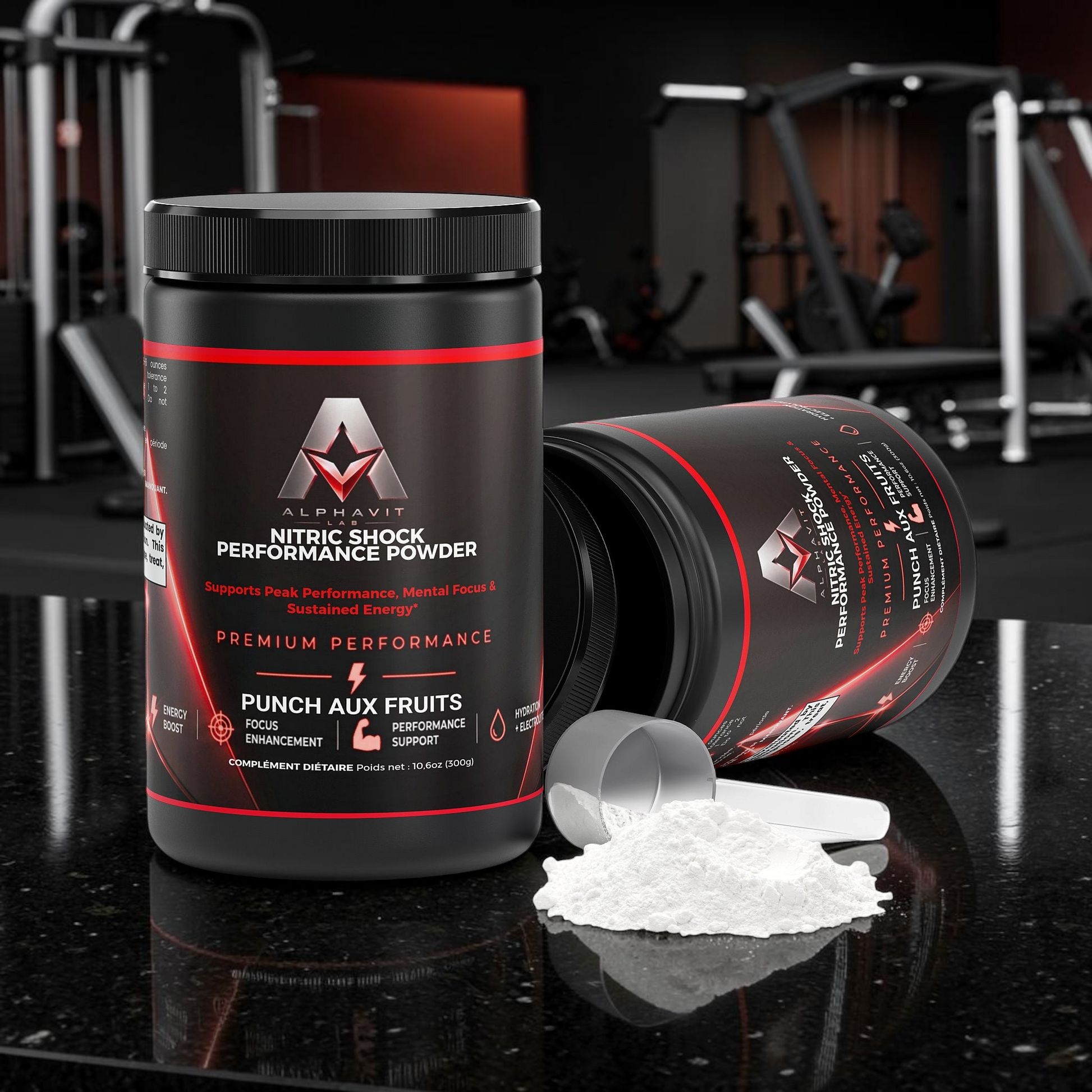 Poudre pré-entraînement AlphaVIT Nitric Shock saveur punch aux fruits avec cuillère doseuse et poudre blanche