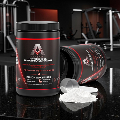 Poudre pré-entraînement AlphaVIT Nitric Shock saveur punch aux fruits avec cuillère doseuse et poudre blanche