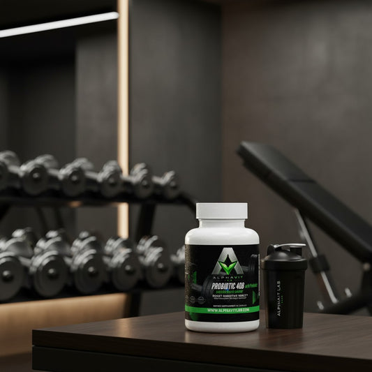 Flacon de compléments alimentaires AlphaVIT Probiotic 40 Billion avec prébiotiques sur une table dans une salle de sport