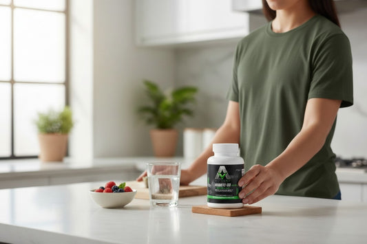 Flacon de compléments alimentaires AlphaVIT Probiotic 40 Billion posé sur une table de cuisine avec un verre d'eau