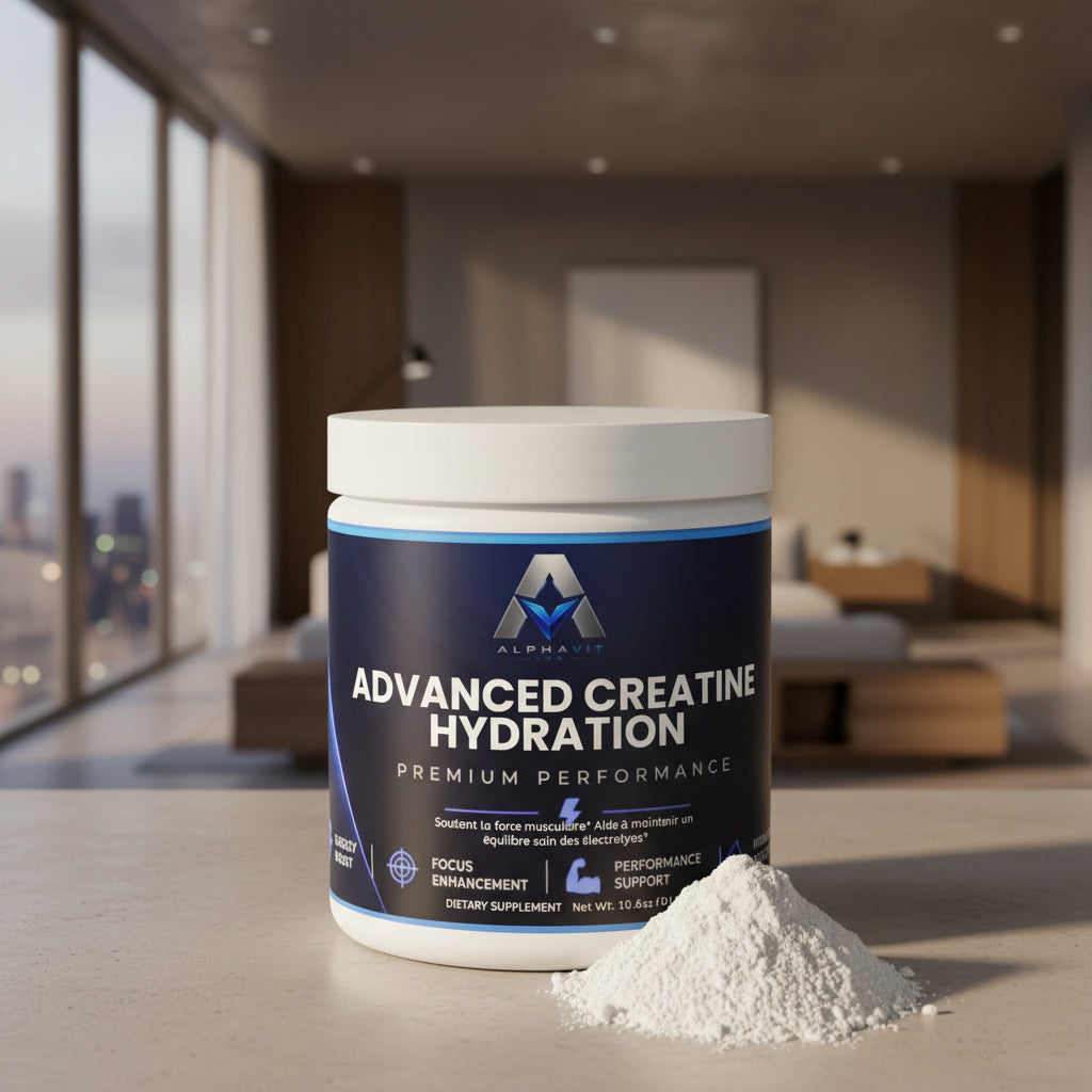 Pot de supplément AlphaVIT Advanced Creatine Hydration avec poudre blanche à côté sur fond blanc