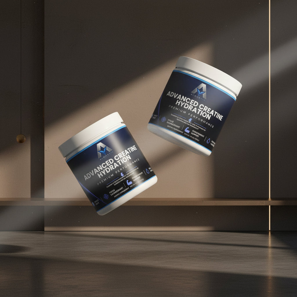 Deux pots de supplément AlphaVIT Advanced Creatine Hydration avec étiquette bleue et blanche sur fond neutre.
