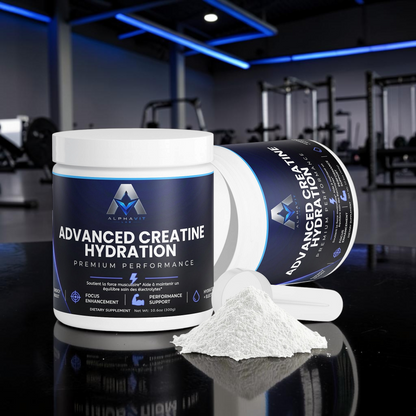 Pot de supplément AlphaVIT Advanced Creatine Hydration avec poudre blanche et cuillère doseuse sur fond blanc
