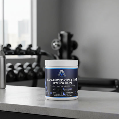 Pot de supplément AlphaVIT Advanced Creatine Hydration bleu et blanc posé sur un comptoir dans une salle de sport.