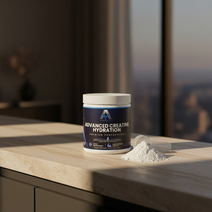 Pot de supplément AlphaVIT Advanced Creatine Hydration avec poudre blanche et cuillère doseuse sur fond blanc