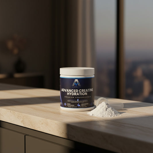 Pot de supplément AlphaVIT Advanced Creatine Hydration avec poudre blanche et cuillère doseuse sur fond blanc