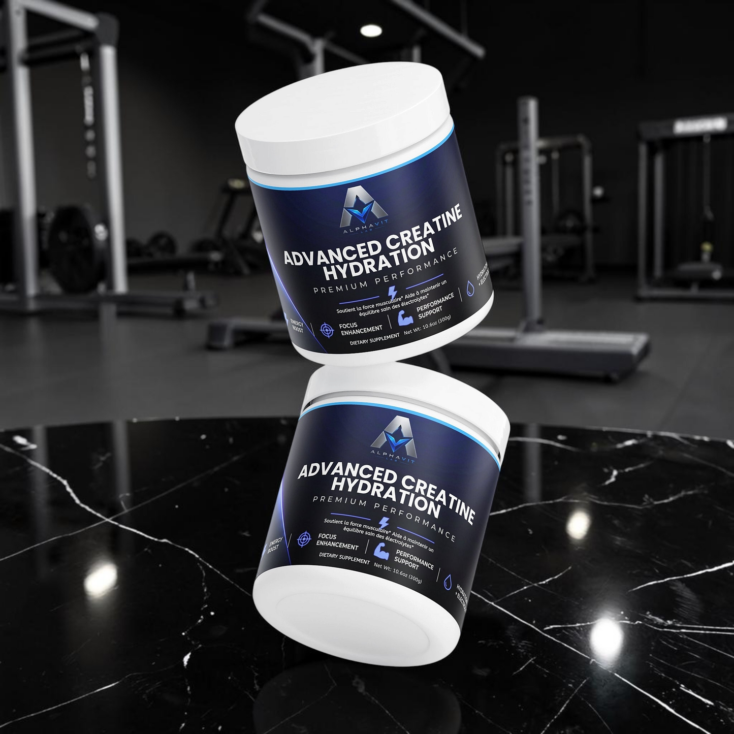 Deux pots de supplément AlphaVIT Advanced Creatine Hydration avec étiquettes bleu marine et texte blanc