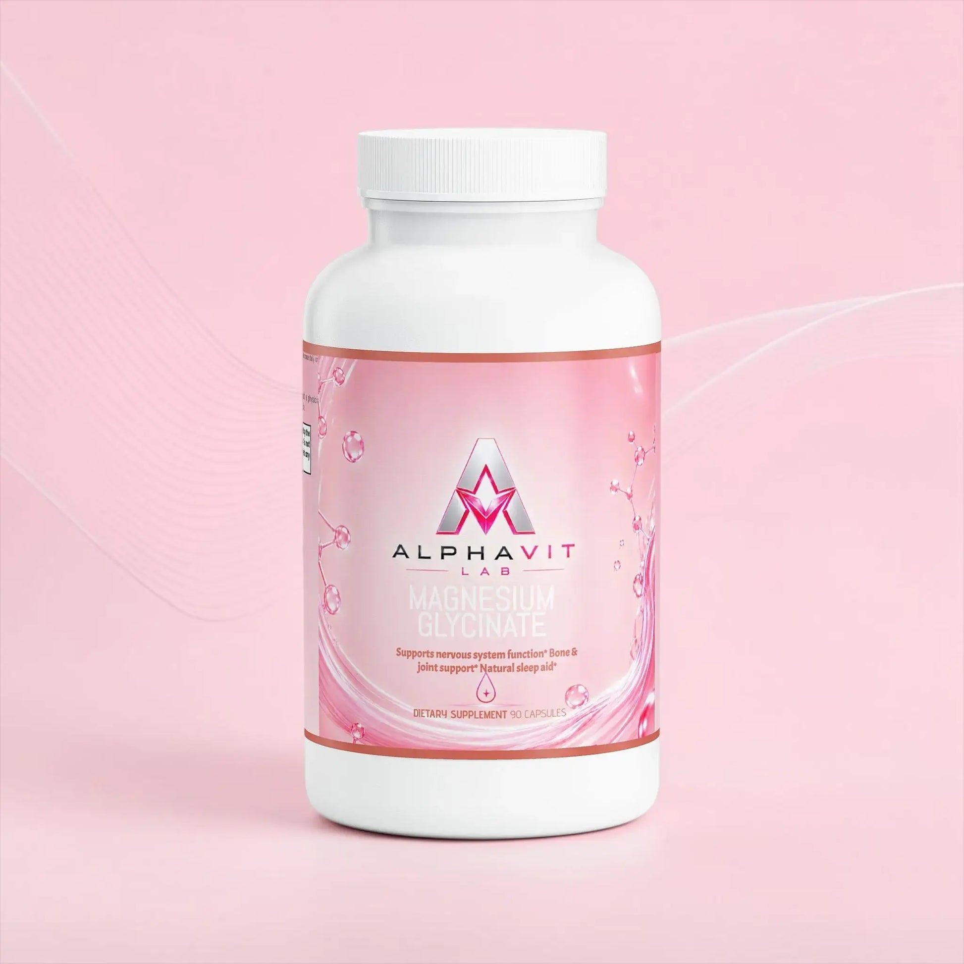 Flacon de supplément AlphaVIT Magnésium Glycinate avec étiquette rose, 90 capsules pour le sommeil et la relaxation.