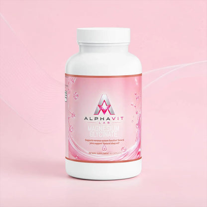 Flacon de supplément AlphaVIT Magnésium Glycinate avec étiquette rose, 90 capsules pour le sommeil et la relaxation.