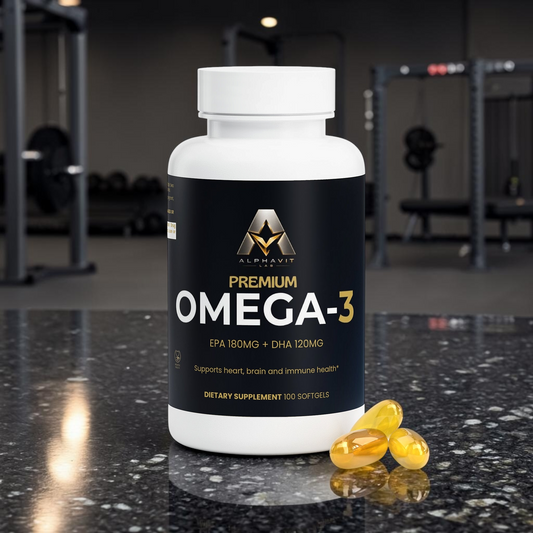 Bouteille de complément alimentaire AlphaVIT Oméga-3 Premium avec capsules molles dorées sur fond blanc.