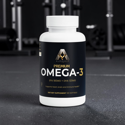 Bouteille de complément alimentaire AlphaVIT Oméga-3 Premium avec 100 capsules molles pour la santé cardiaque et cérébrale